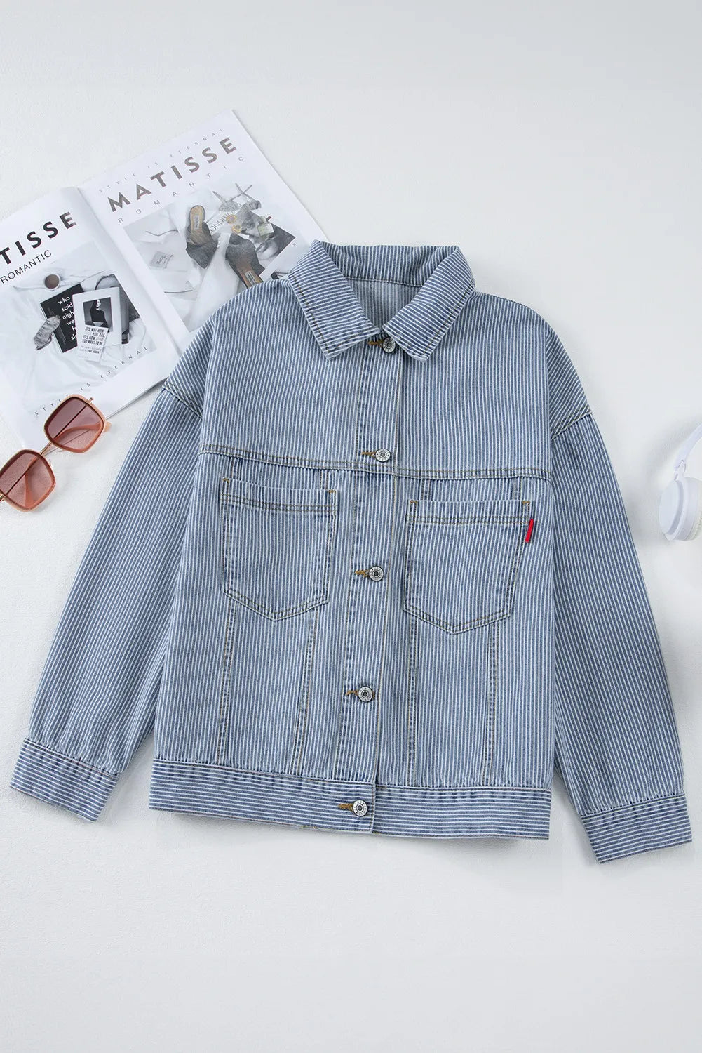 Striped Button Up Long Sleeve Denim Jacket Orchid Unique 