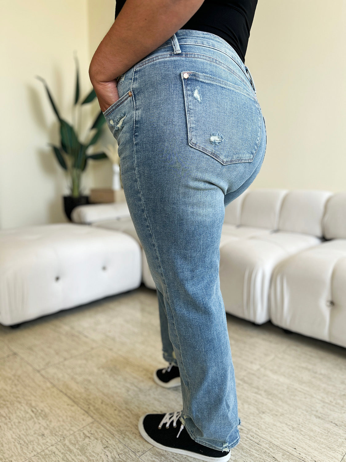 Judy Blue Full Size Mid Rise Distressed Straight Jeans Orchid Unique 