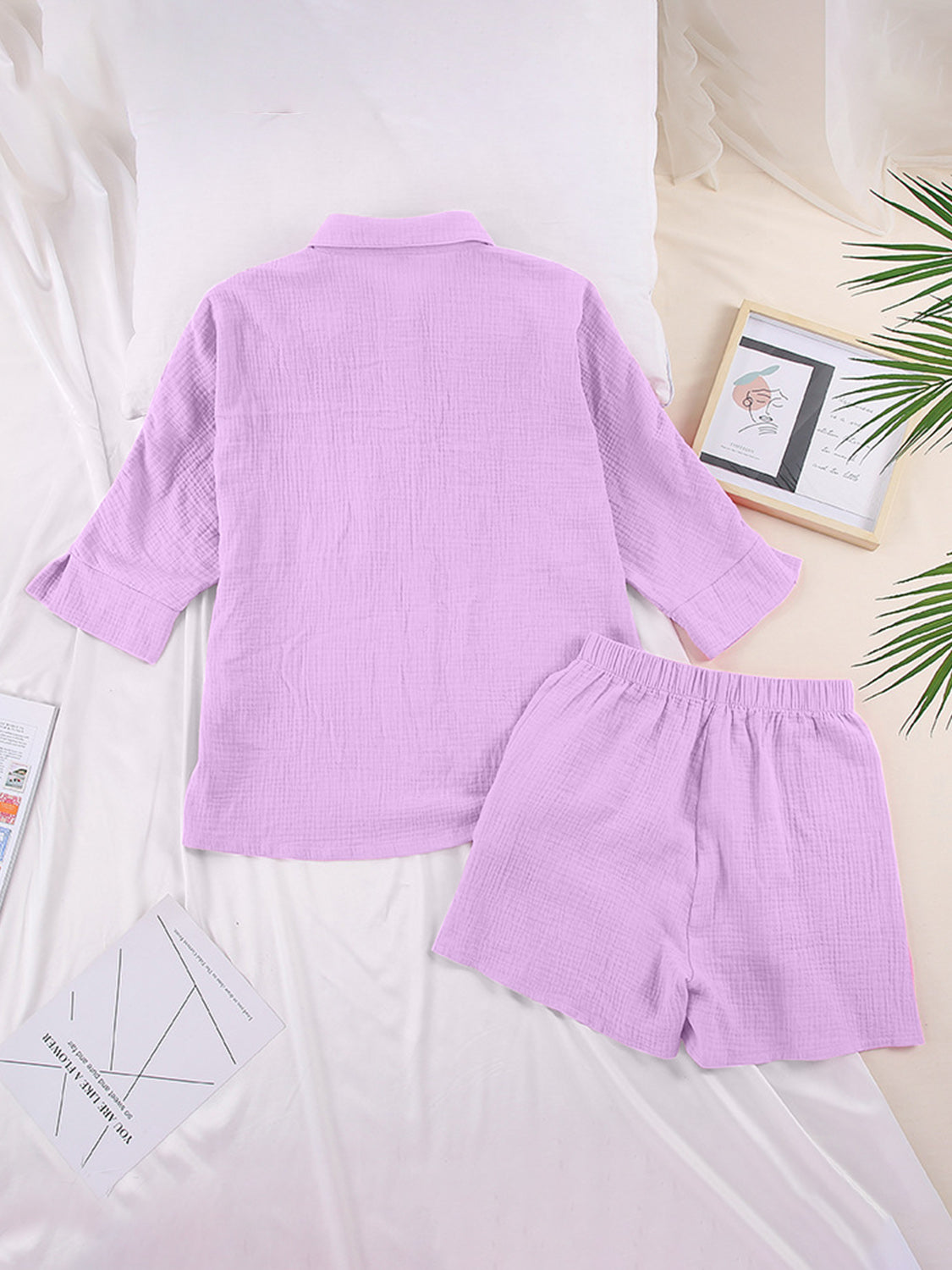 Texture Button Up Shirt and Shorts Set Orchid Unique 