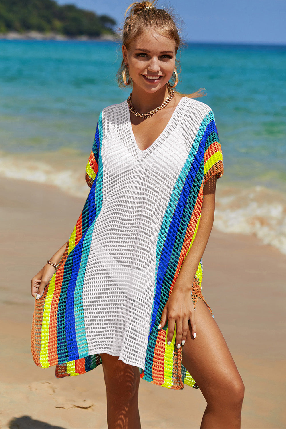 Openwork Striped Slit Knit Cover Up Orchid Unique 