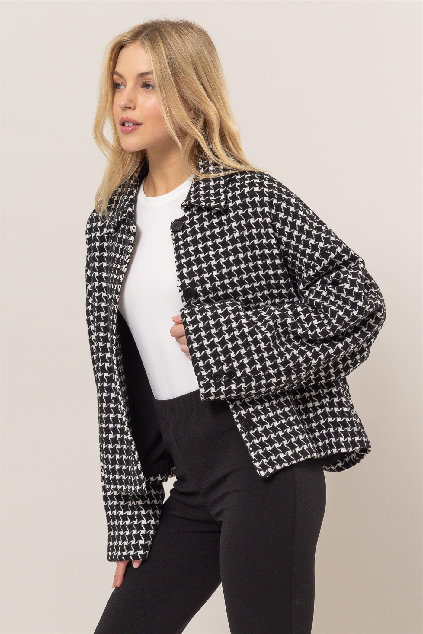 HYFVE Tweed Plaid Button Up Collared Neck Jacket Orchid Unique 