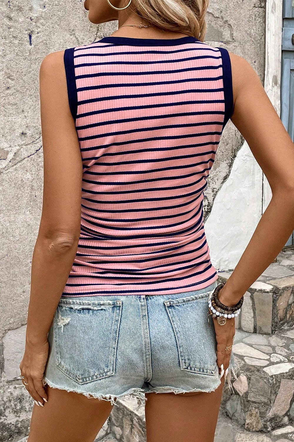 Striped Contrast Round Neck Tank Orchid Unique 