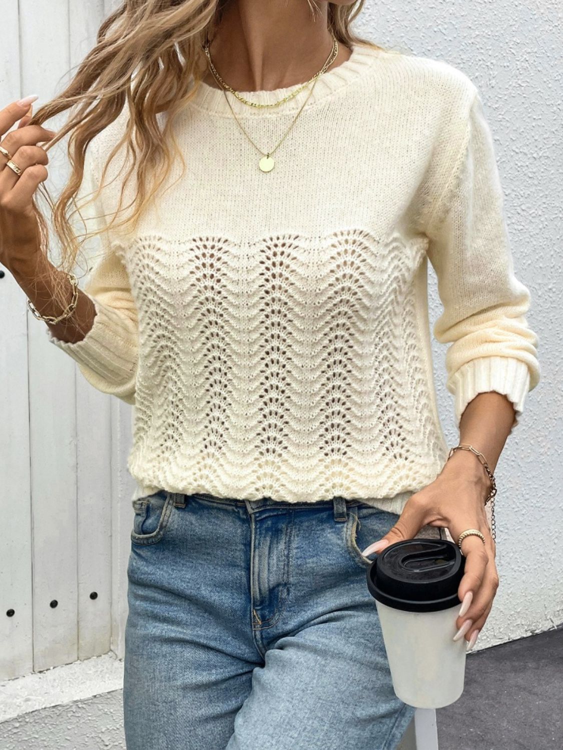 Openwork Round Neck Long Sleeve Sweater Orchid Unique 