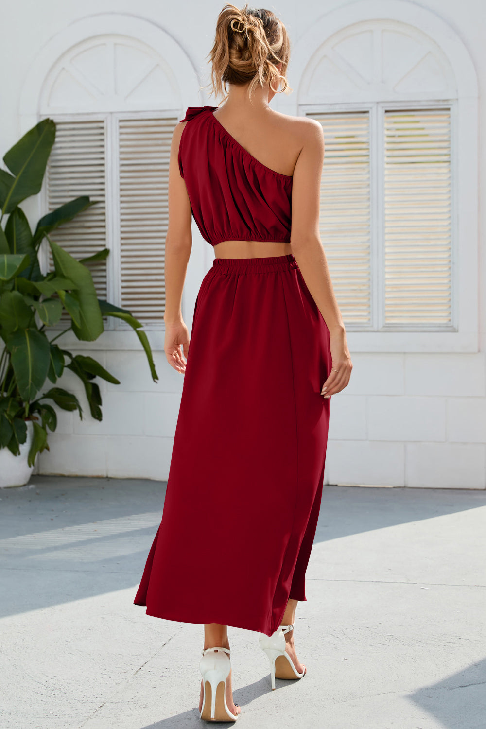 Ruched One Shoulder Top and Slit Skirt Set Orchid Unique 