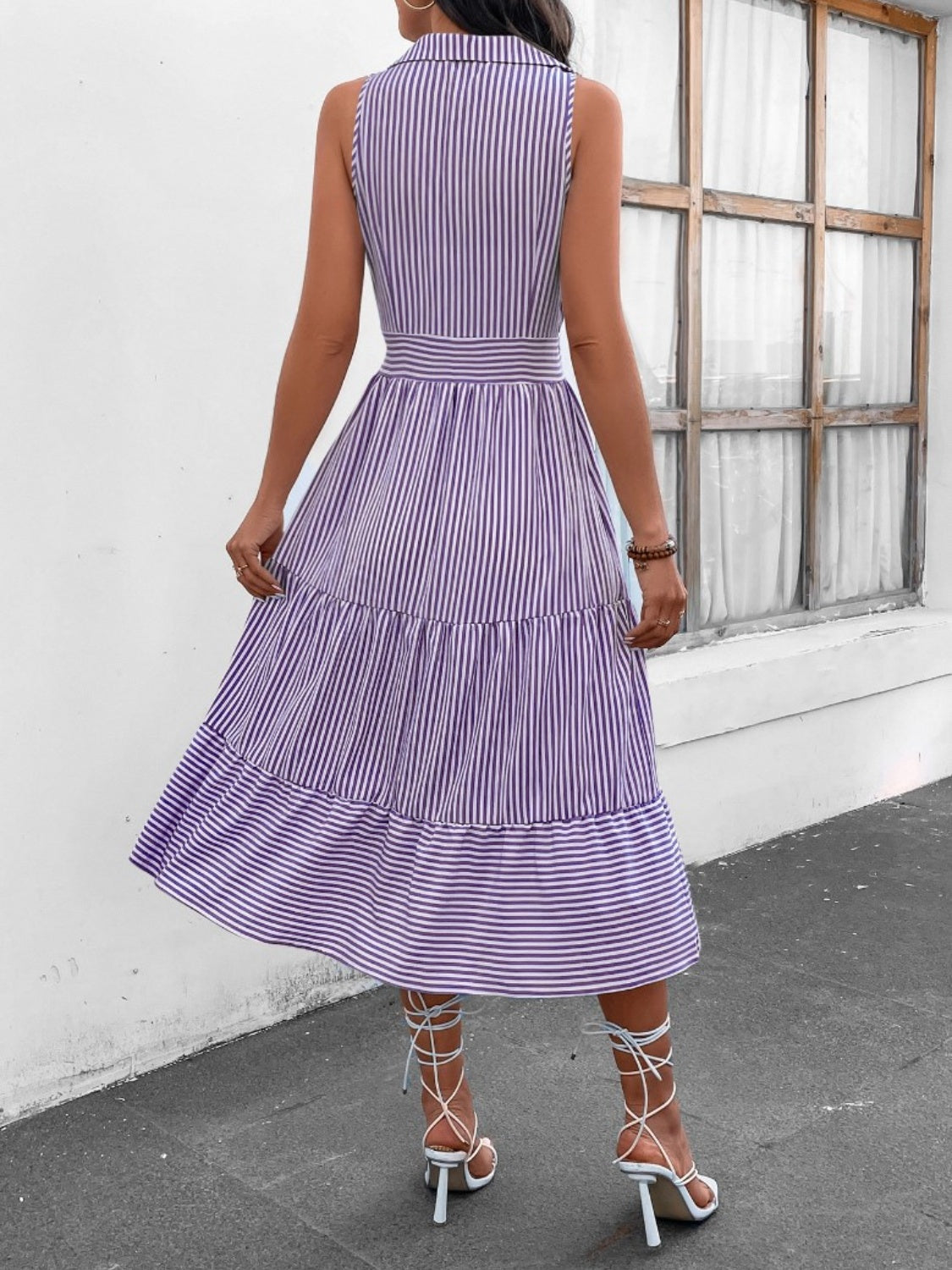 Striped Johnny Collar Sleeveless Midi Dress Orchid Unique 