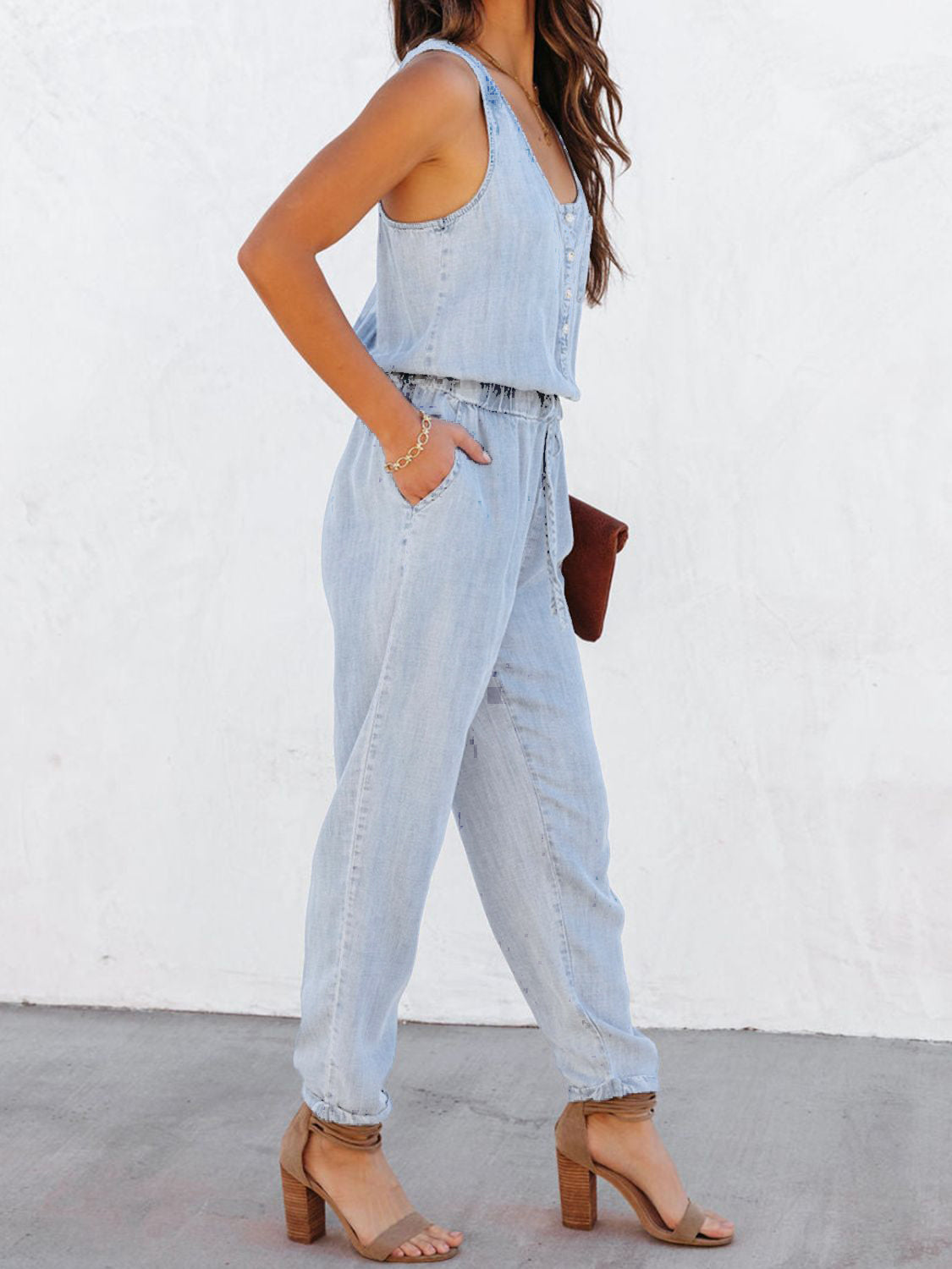 Denim Drawstring Waist Sleeveless Jumpsuit Orchid Unique 