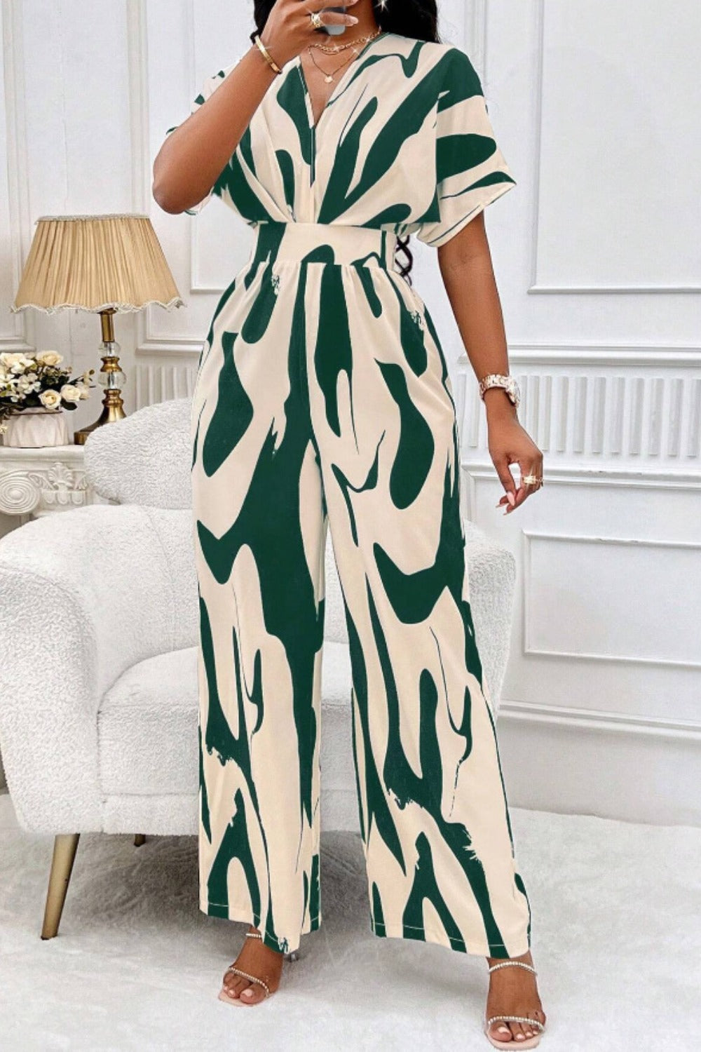 Printed V-Neck Short Sleeve Wide Leg Jumpsuit Orchid Unique 