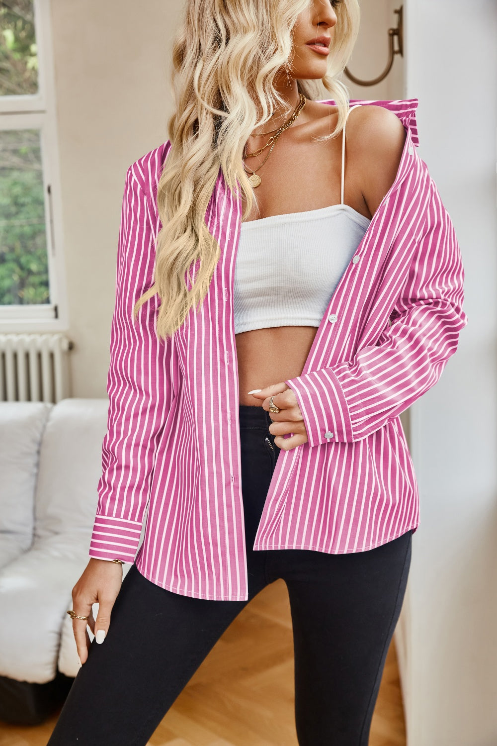 Striped Button Up Long Sleeve Shirt Orchid Unique 