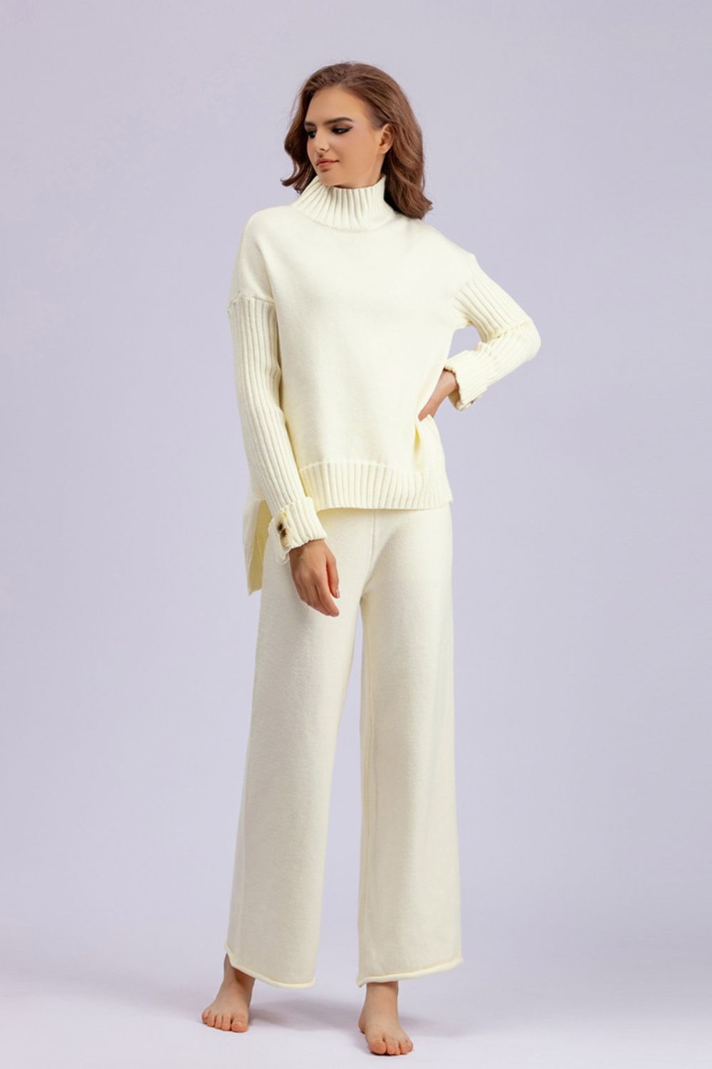 Basic Bae High- Low Turtleneck Long Sleeve Top and Pants Sweater Set Orchid Unique 