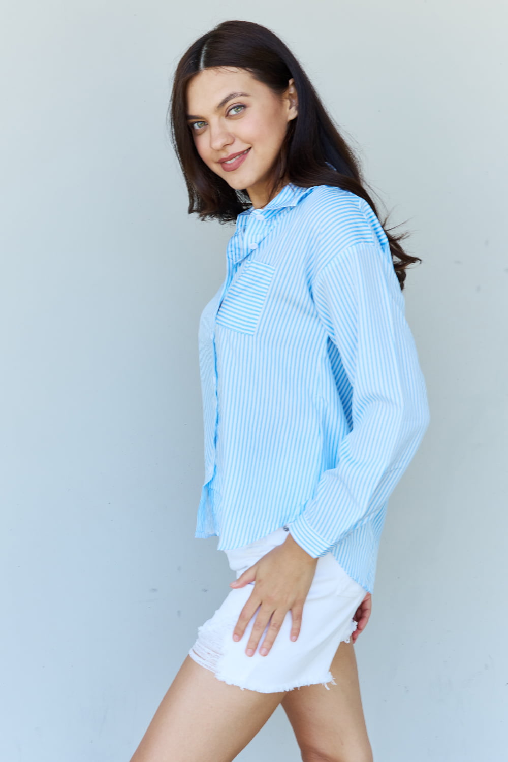 Doublju She Means Business Striped Button Down Shirt Top Orchid Unique 