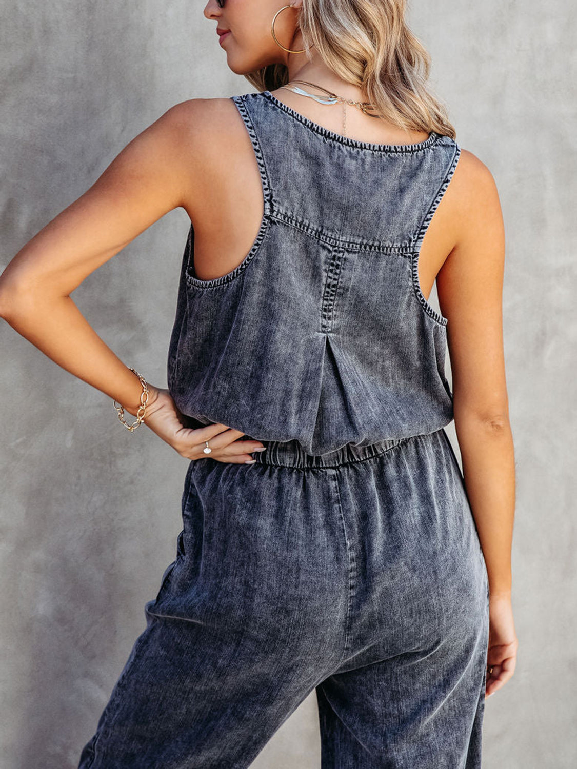 Denim Drawstring Waist Sleeveless Jumpsuit Orchid Unique 