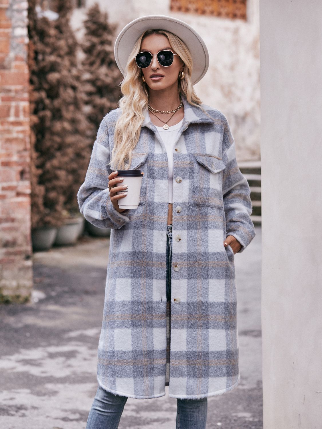 Mandy Plaid Dropped Shoulder Slit Coat Orchid Unique 