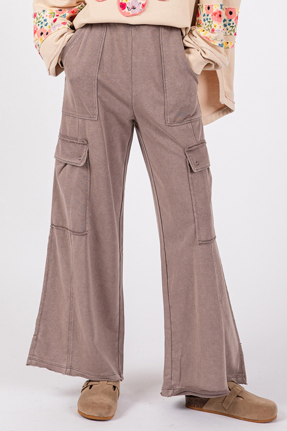 SAGE + FIG Knit Terry Mineral Wash Wide Leg Pants Orchid Unique 