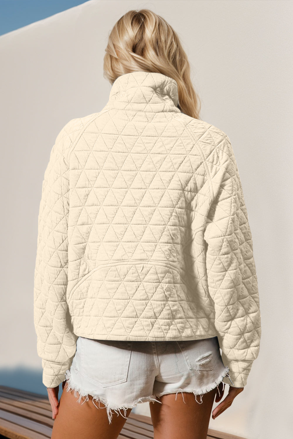 Double Take Half Zip Long Sleeve Quilted Sweatshirt with Pocket Orchid Unique 