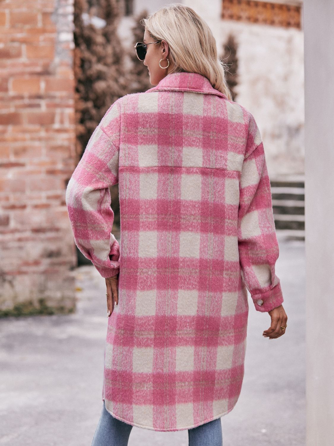 Mandy Plaid Dropped Shoulder Slit Coat Orchid Unique 