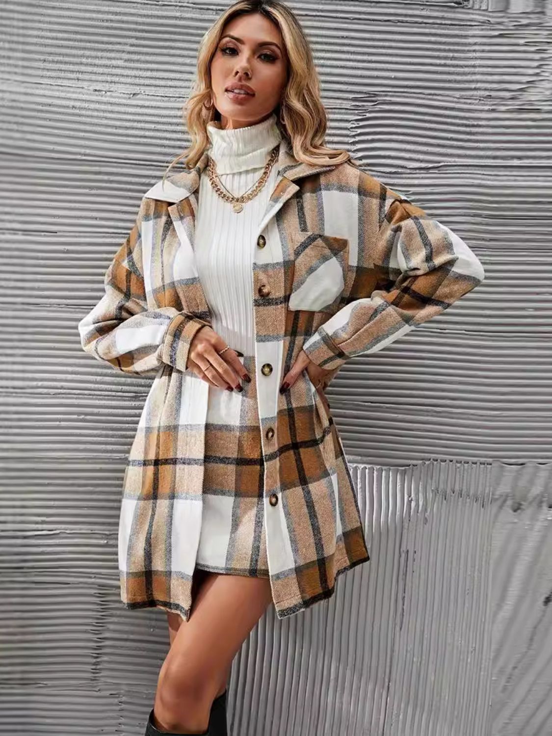 Plaid Button Up Long Sleeve Coat and Skirt Set Orchid Unique 