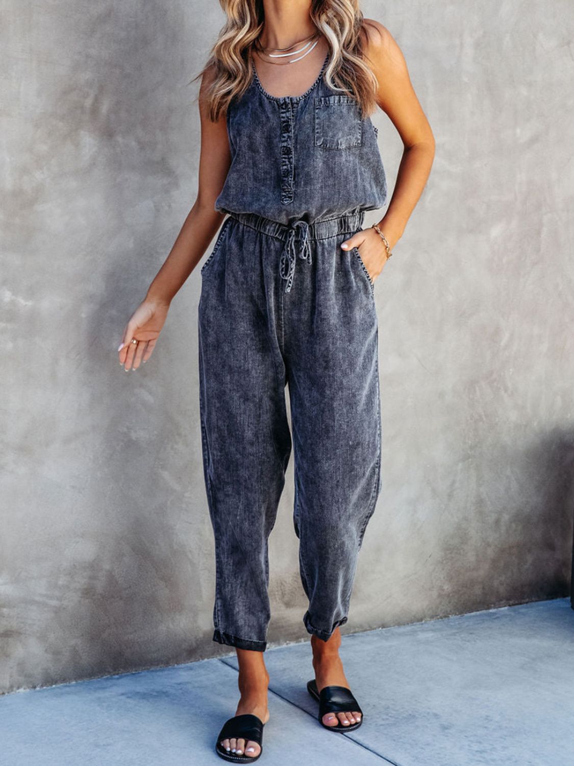 Denim Drawstring Waist Sleeveless Jumpsuit Orchid Unique 