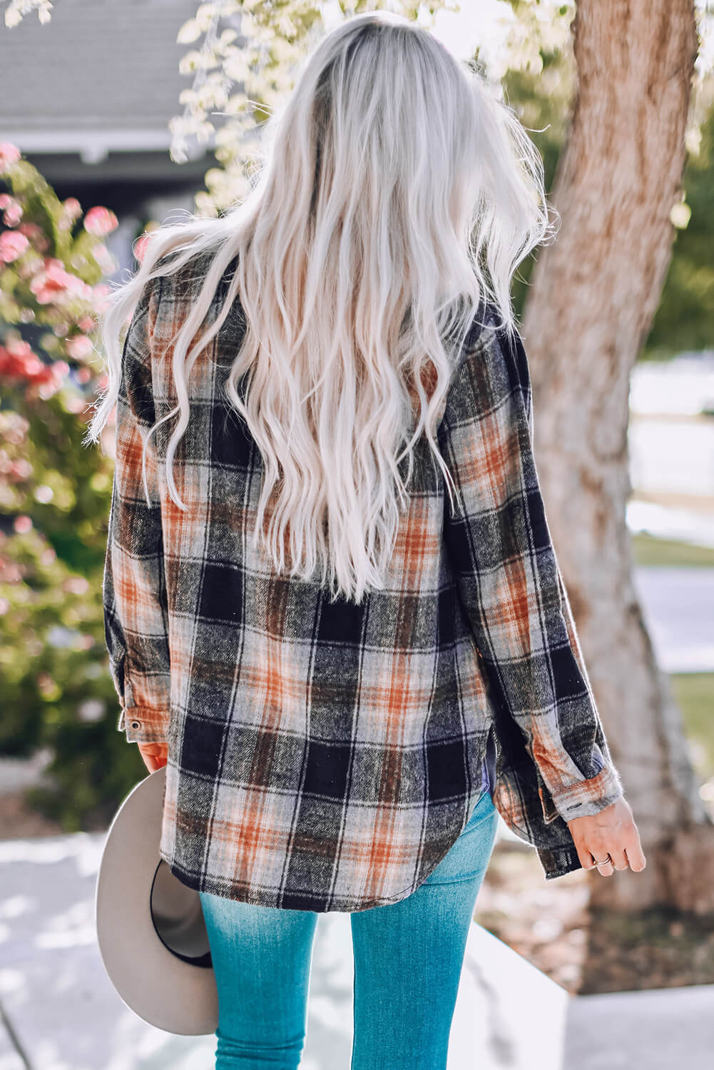 Double Take Plaid Side Slit Curved Hem Shirt Orchid Unique 