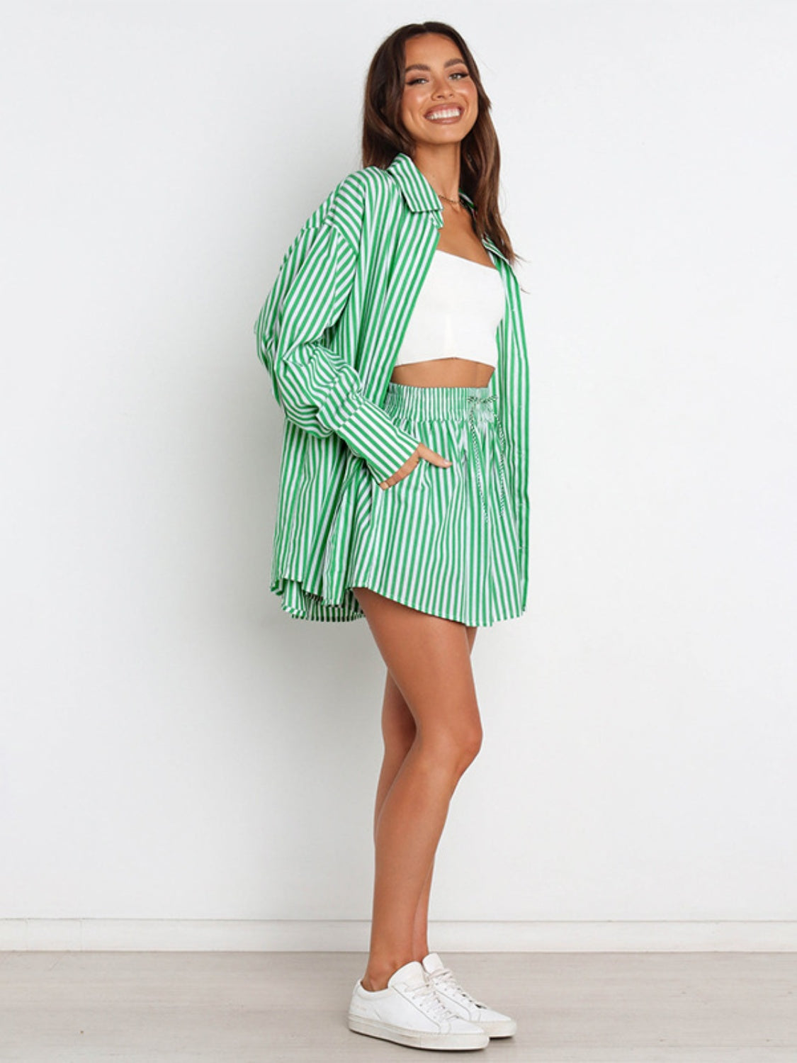 Striped Dropped Shoulder Shirt and Shorts Set Orchid Unique 