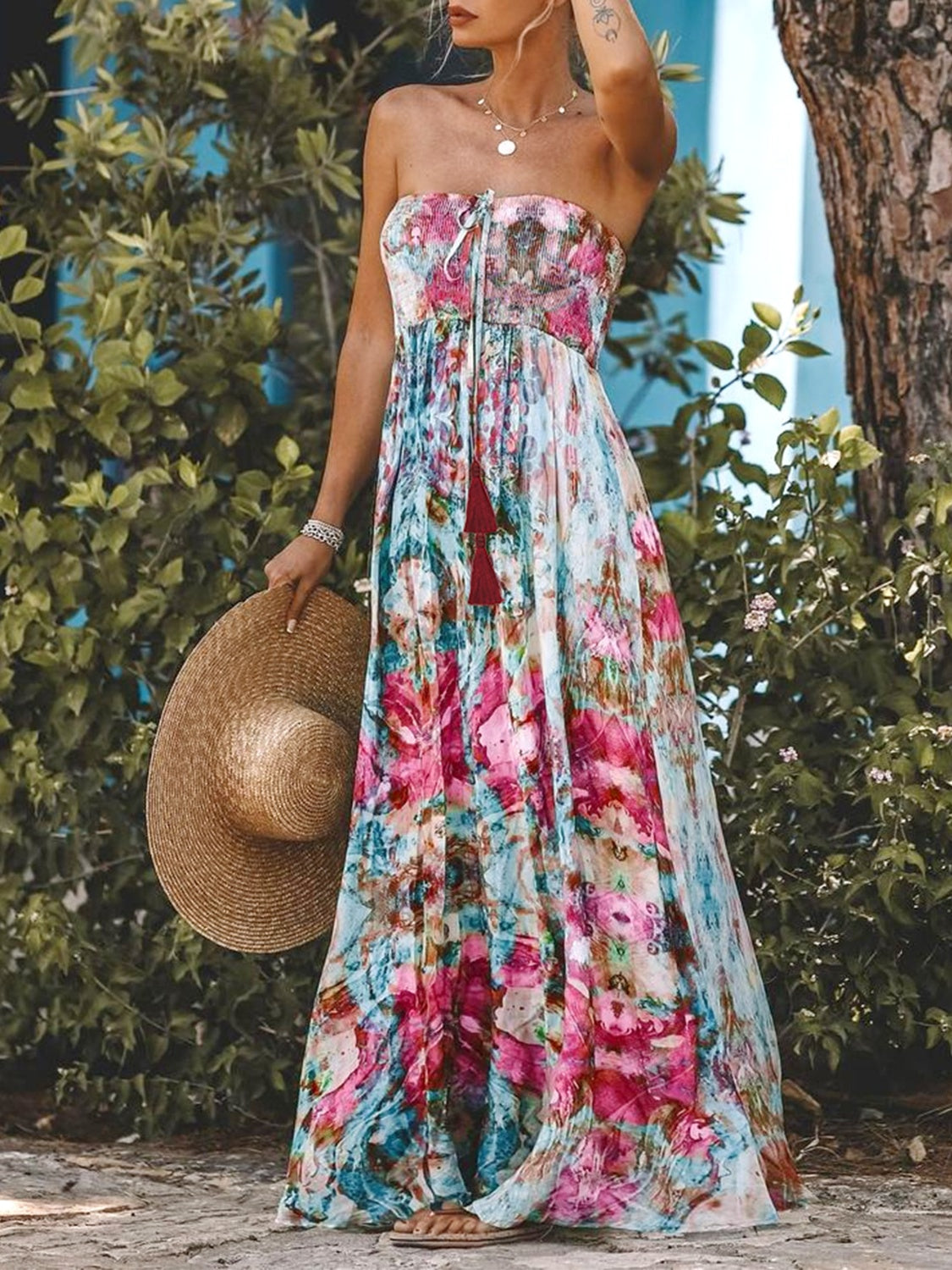 Smocked Printed Sleeveless Maxi Dress Orchid Unique 