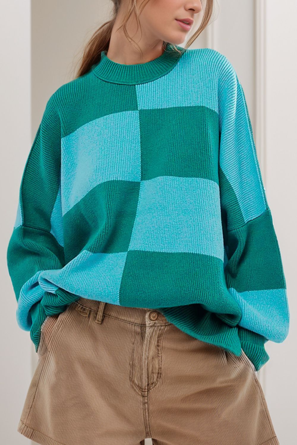 Color Block Round Neck Long Sleeve Sweater Orchid Unique 