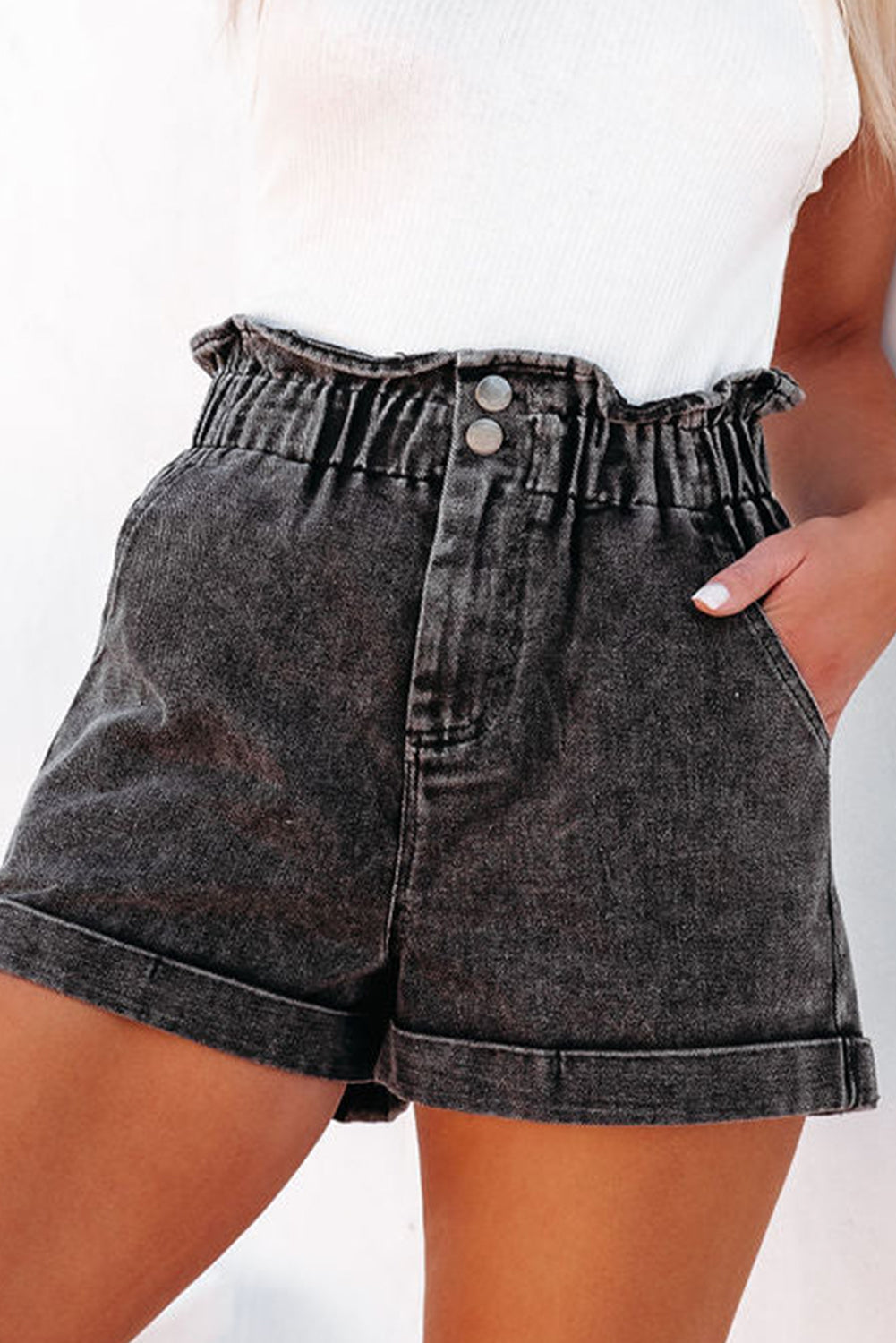 Paperbag Waist Denim Shorts with Pockets Orchid Unique 