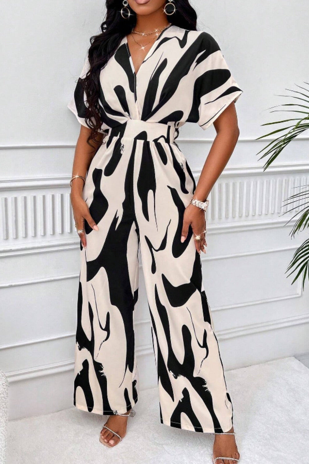 Printed V-Neck Short Sleeve Wide Leg Jumpsuit Orchid Unique 