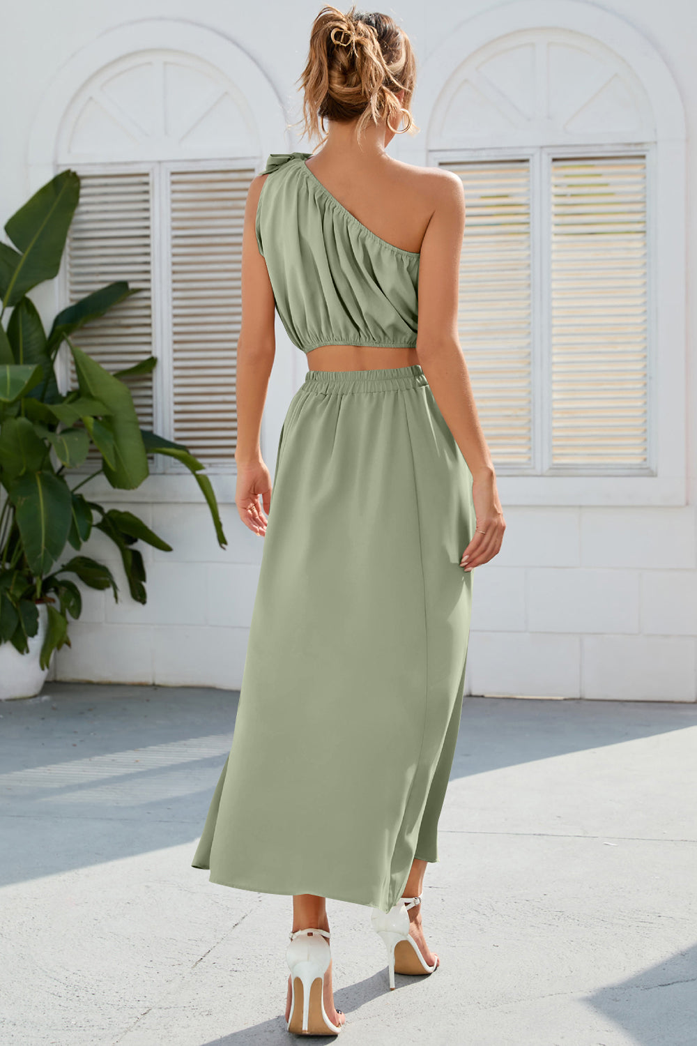 Ruched One Shoulder Top and Slit Skirt Set Orchid Unique 