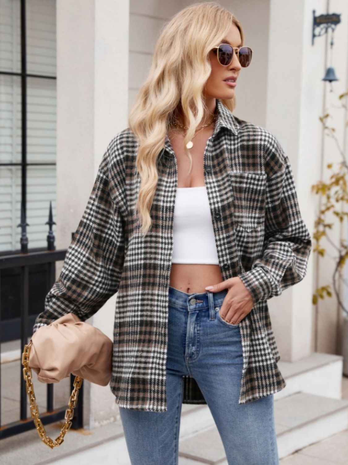 Pocketed Plaid Collared Neck Long Sleeve Shirt Orchid Unique 