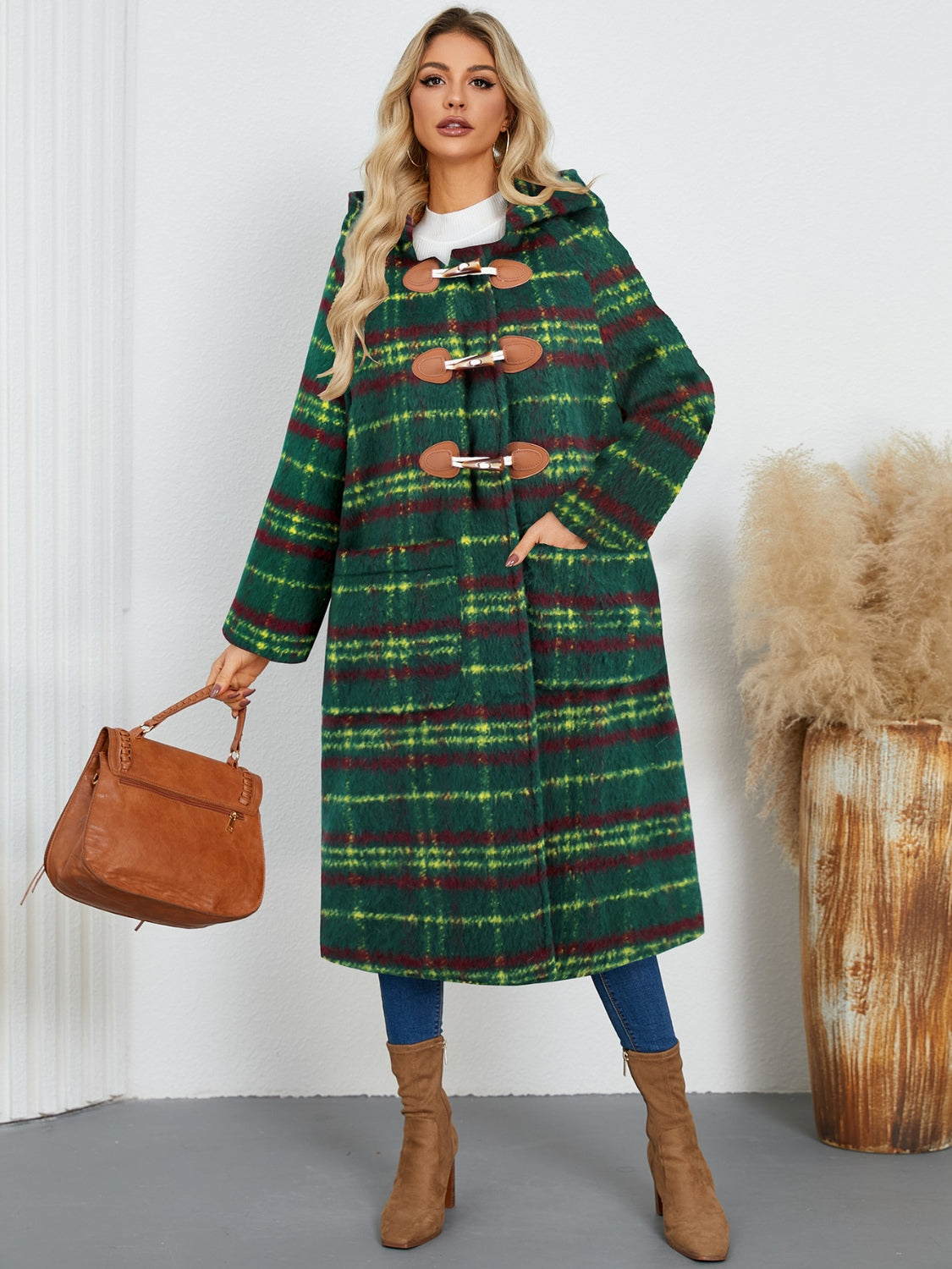 Plaid Long Sleeve Hooded Coat with Pockets Orchid Unique 