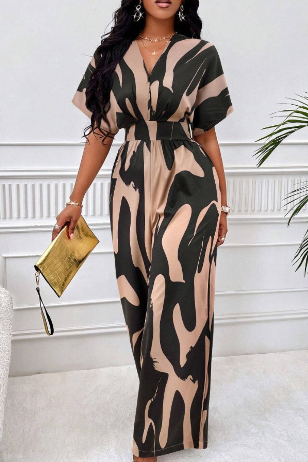 Printed V-Neck Short Sleeve Wide Leg Jumpsuit Orchid Unique 