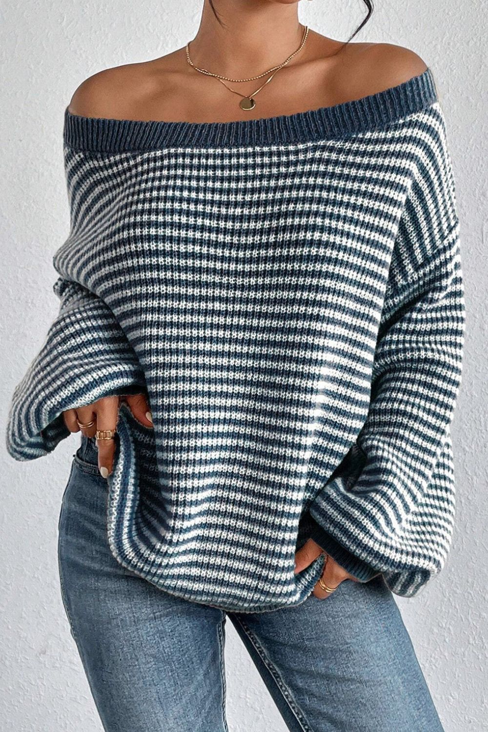 Striped Boat Neck Long Sleeve Sweater Orchid Unique 