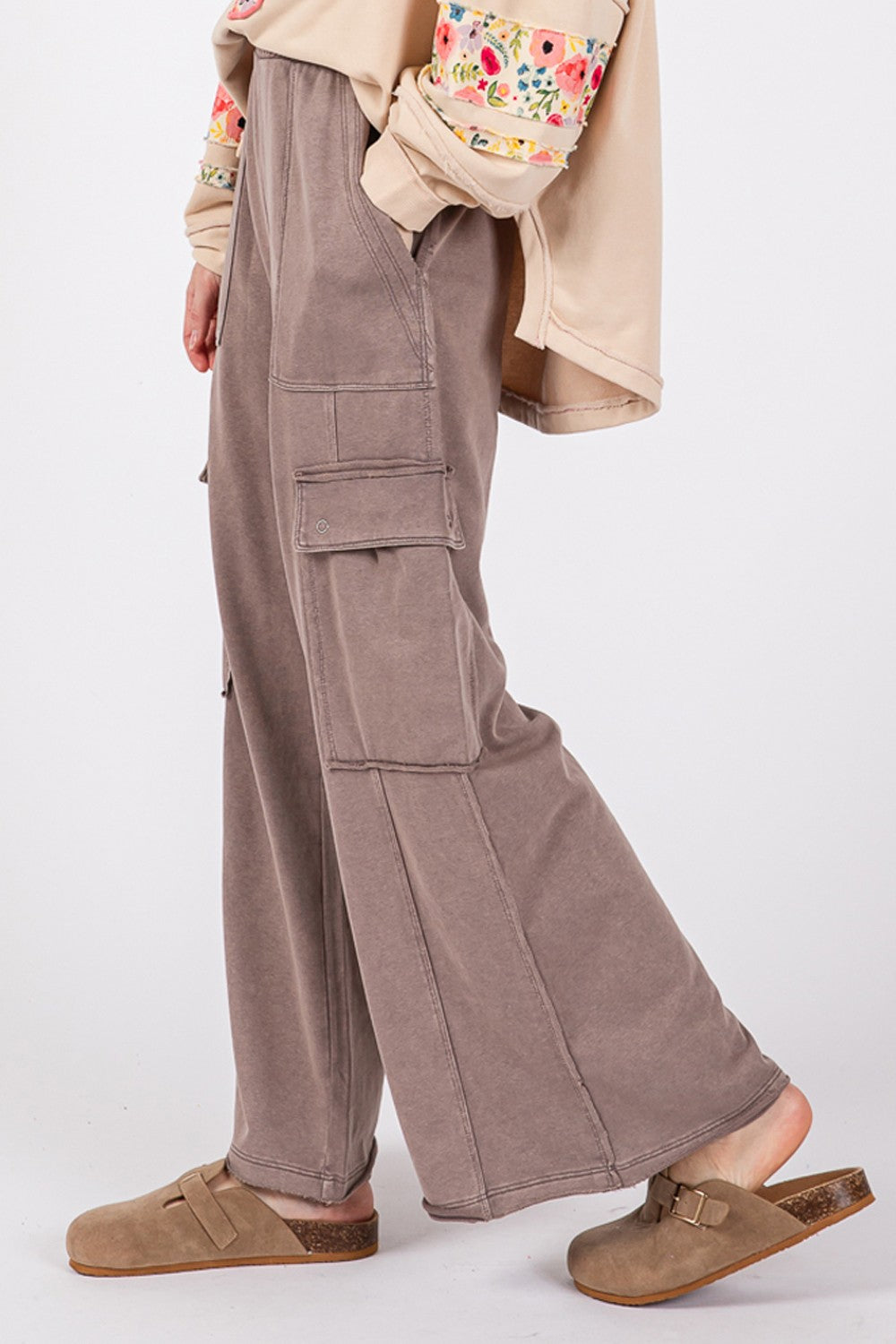 SAGE + FIG Knit Terry Mineral Wash Wide Leg Pants Orchid Unique 