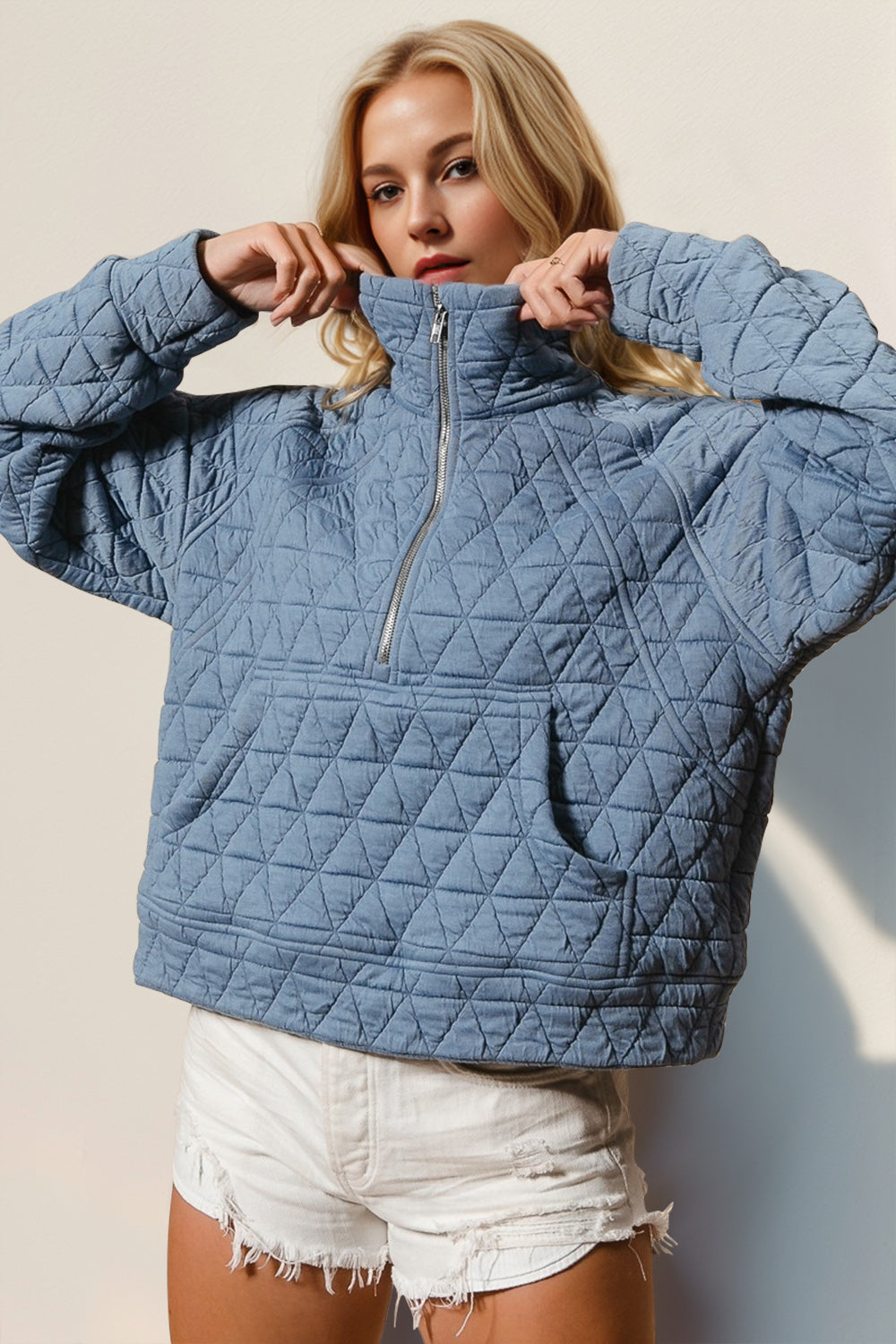 Double Take Half Zip Long Sleeve Quilted Sweatshirt with Pocket Orchid Unique 