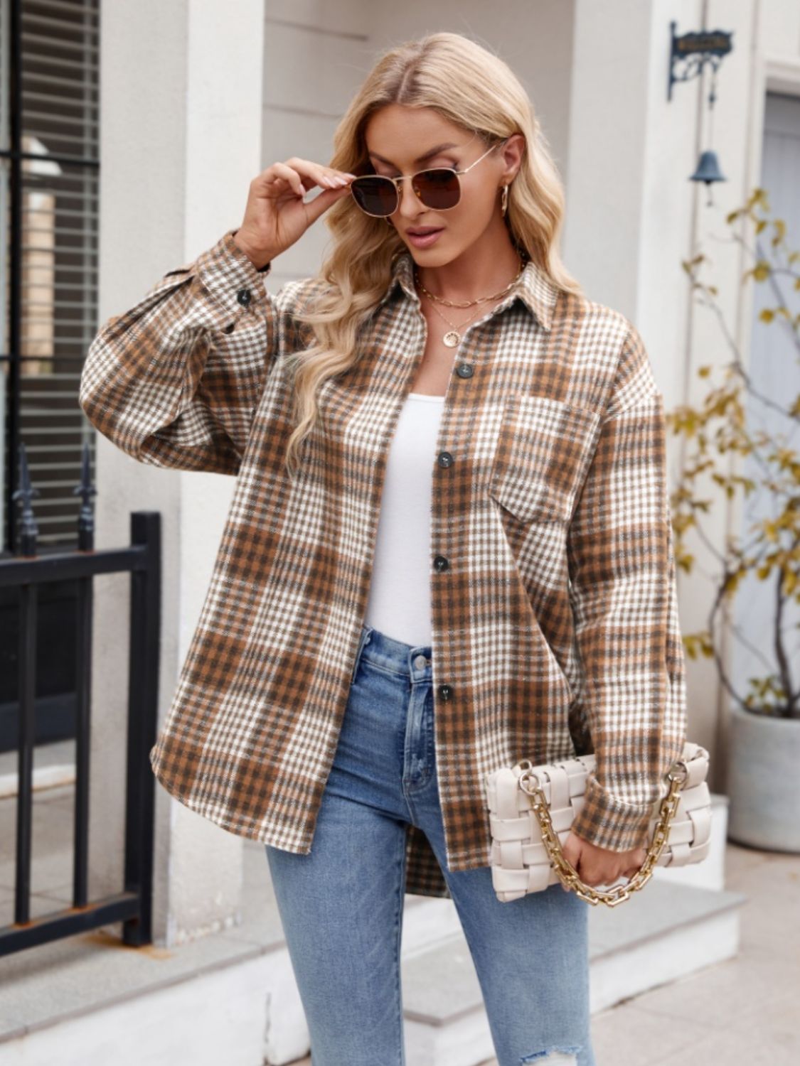 Pocketed Plaid Collared Neck Long Sleeve Shirt Orchid Unique 