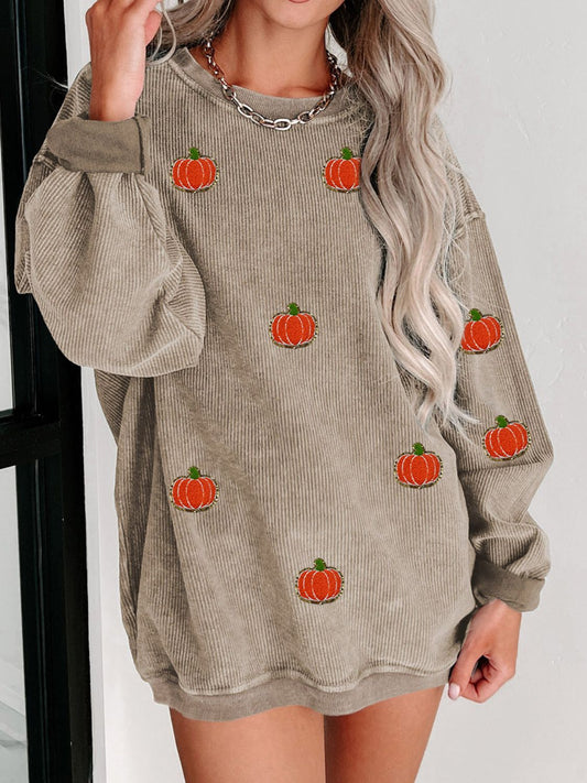 Pumpkin Round Neck Long Sleeve Sweatshirt Orchid Unique 