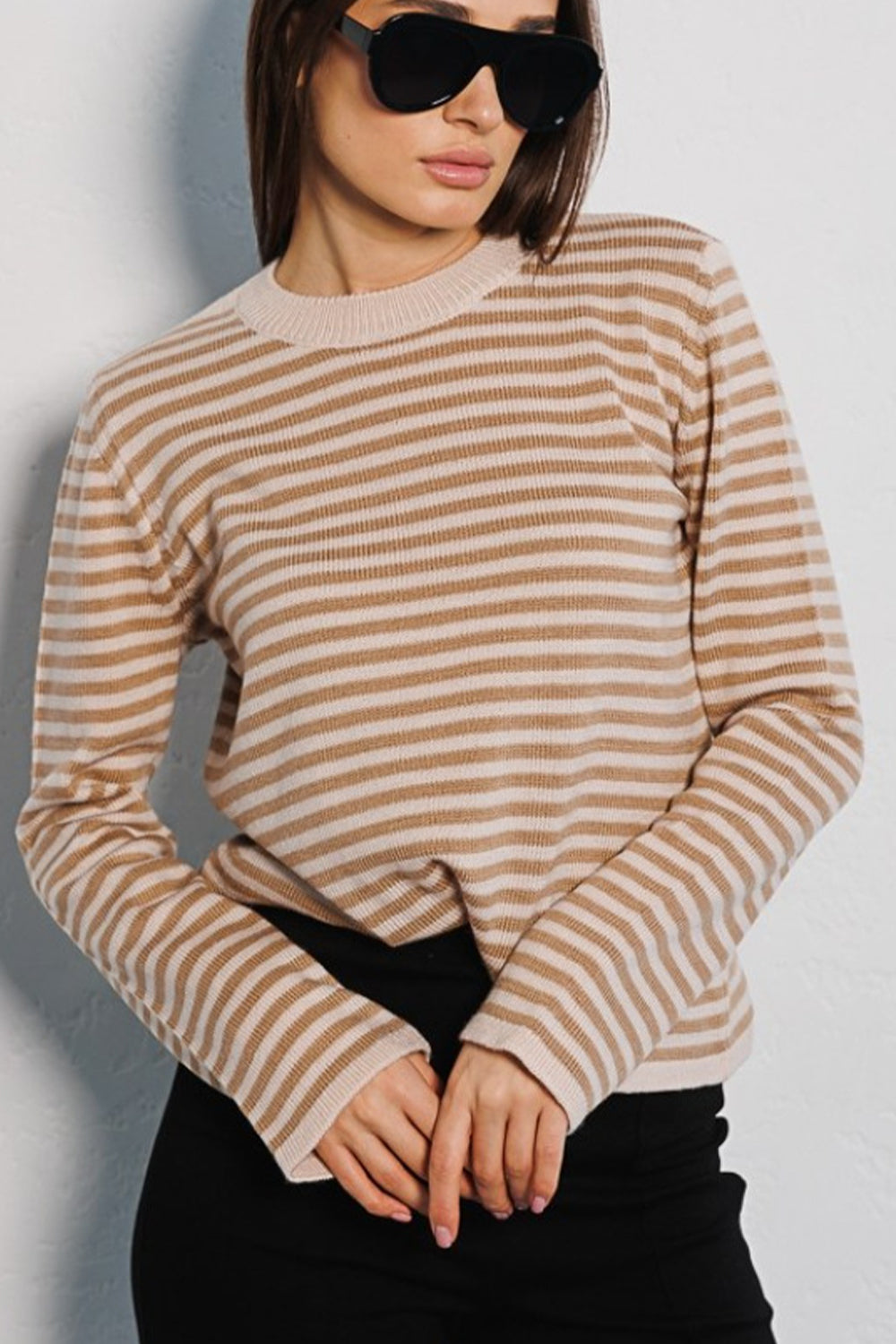 Striped Round Neck Long Sleeve Sweater Orchid Unique 