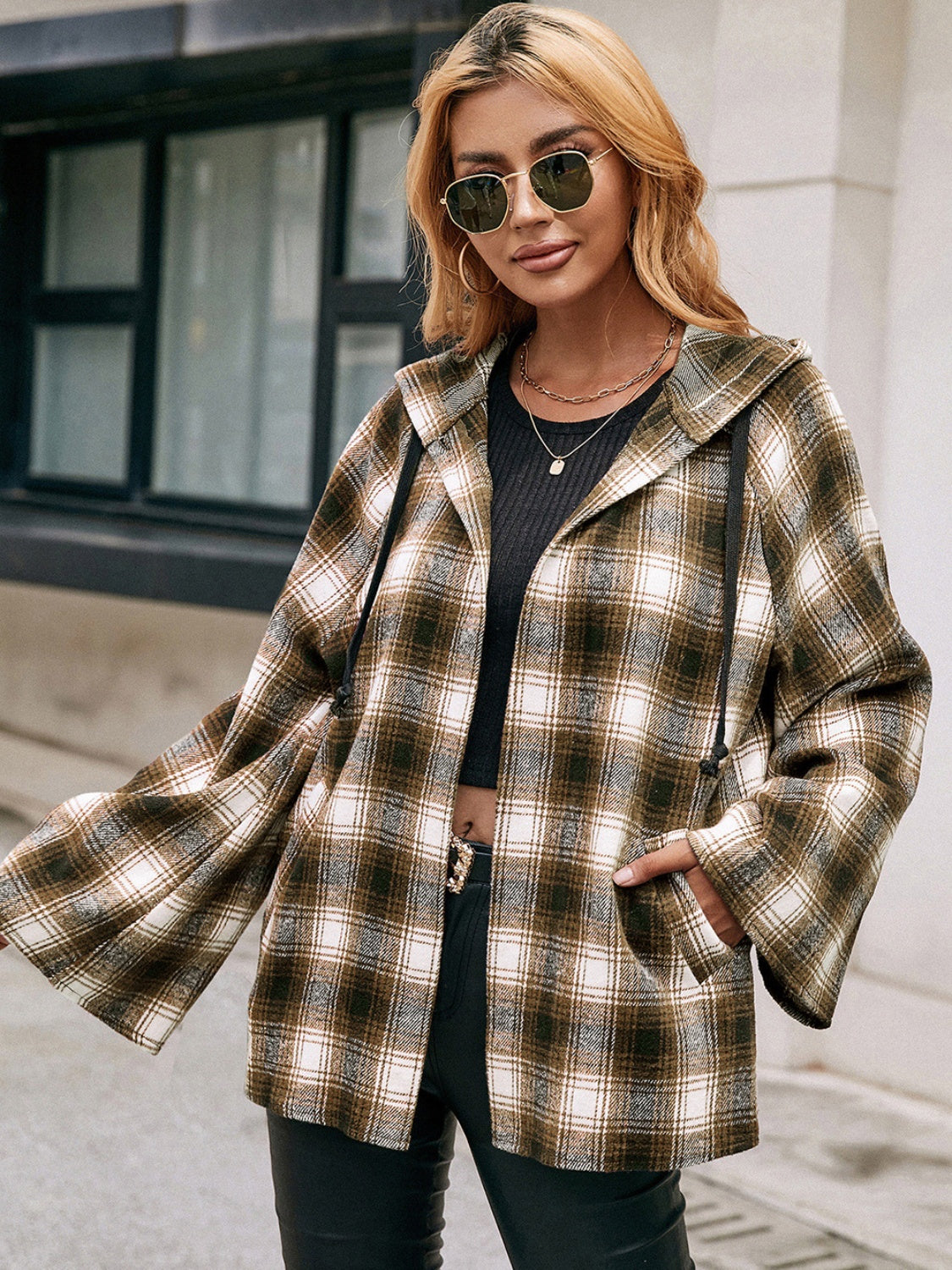 Ivy Lane Pocketed Plaid Long Sleeve Hooded Jacket Orchid Unique 