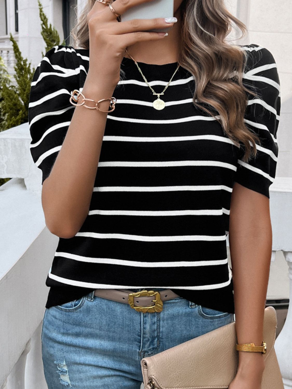 Striped Round Neck Puff Sleeve Knit Top Orchid Unique 