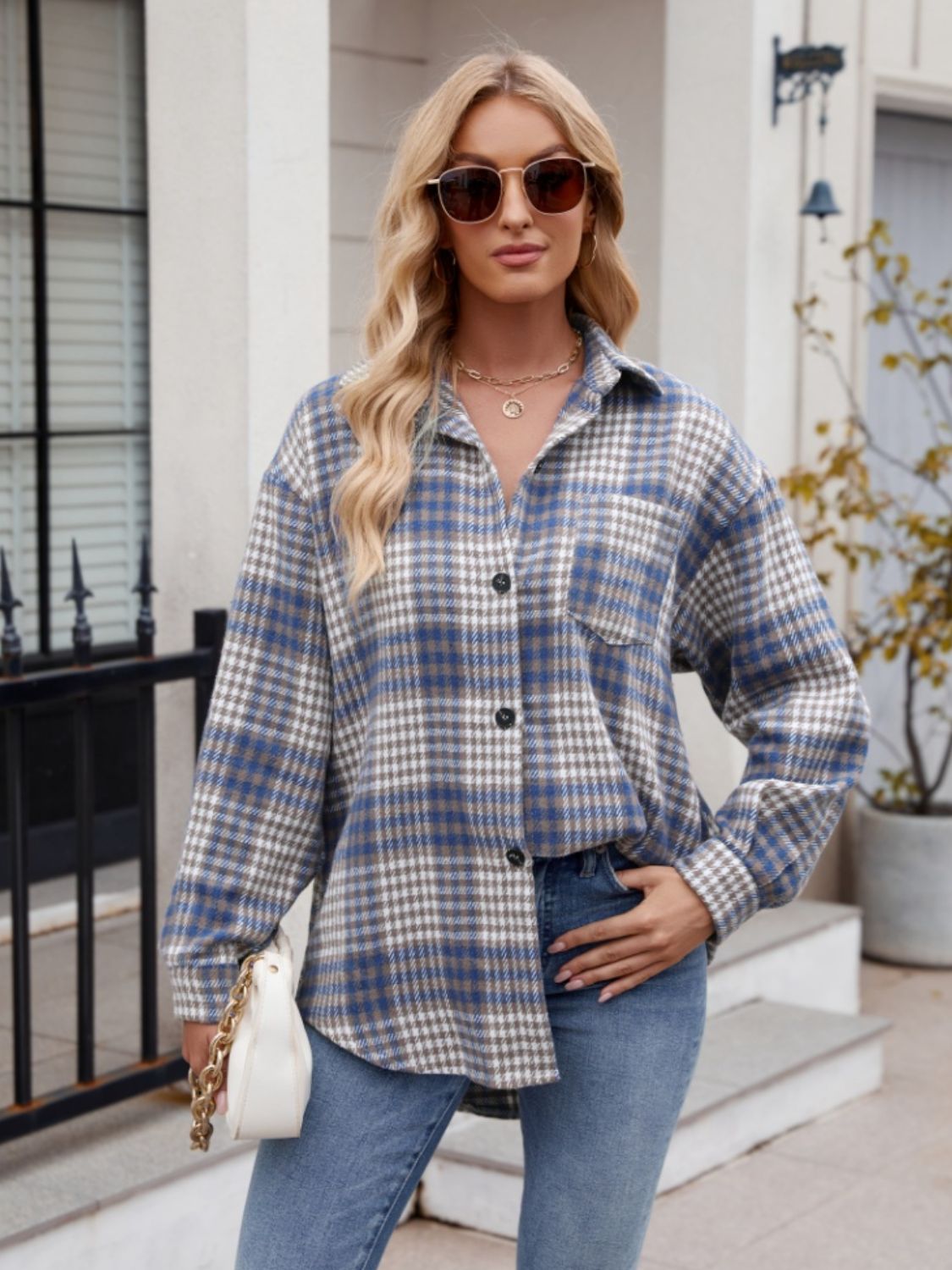 Pocketed Plaid Collared Neck Long Sleeve Shirt Orchid Unique 