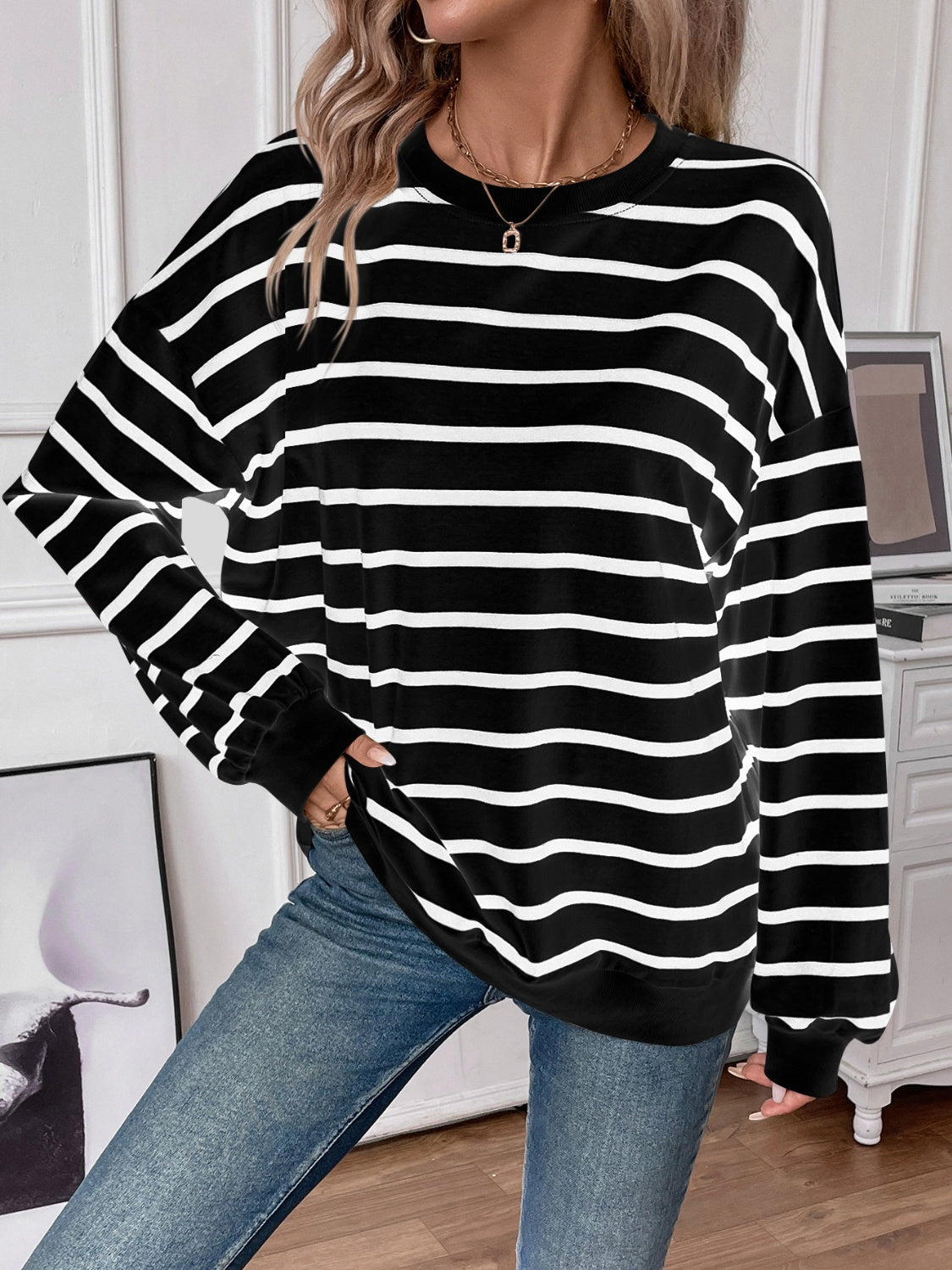 Striped Round Neck Long Sleeve Sweatshirt Orchid Unique 