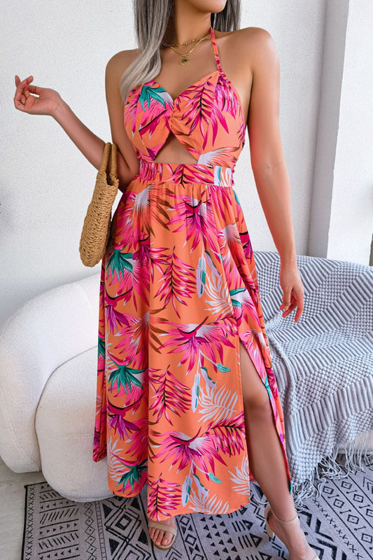 Botanical Print Tied Backless Cutout Slit Dress Orchid Unique 