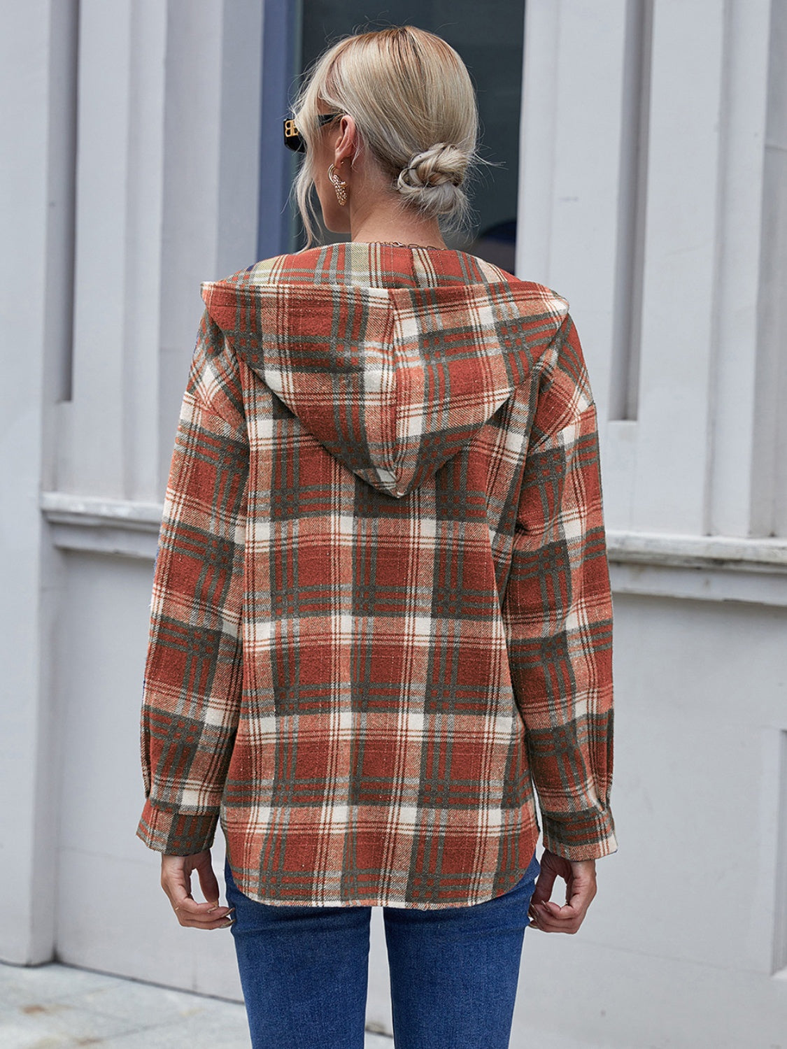 Plaid Button Up Long Sleeve Hooded Jacket Orchid Unique 