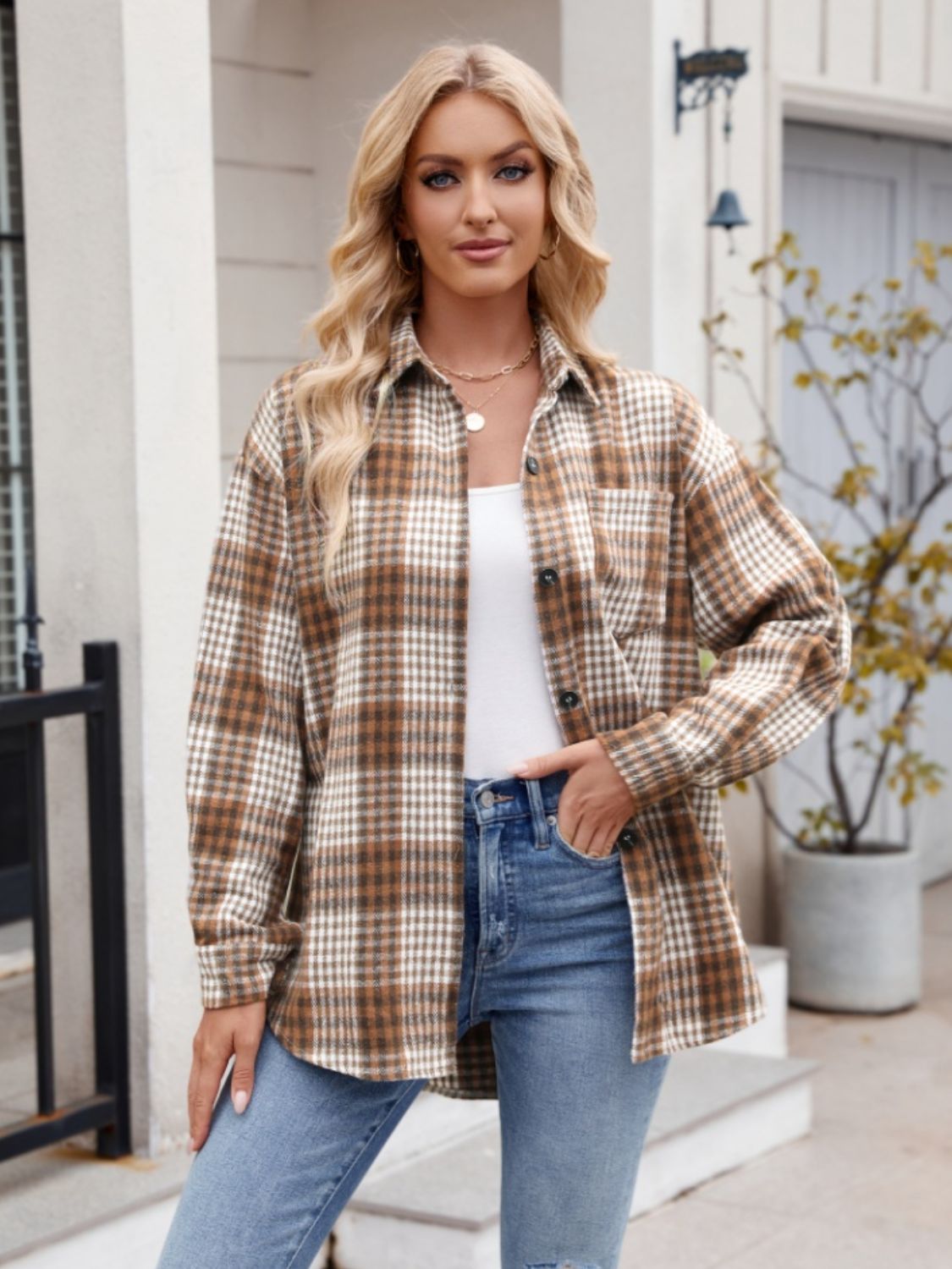 Pocketed Plaid Collared Neck Long Sleeve Shirt Orchid Unique 