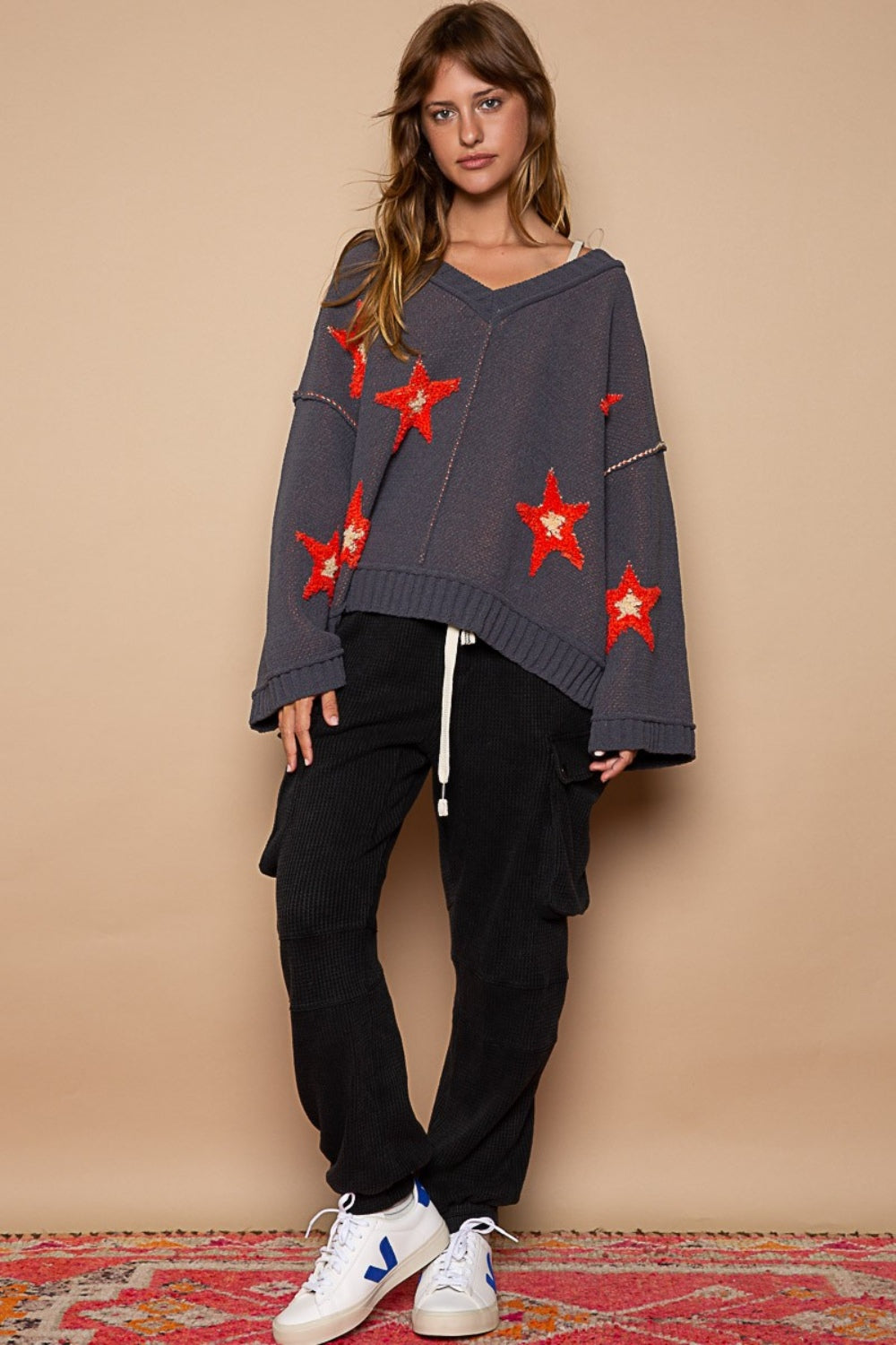 POL Long Sleeve Star Patch Sweater Orchid Unique 