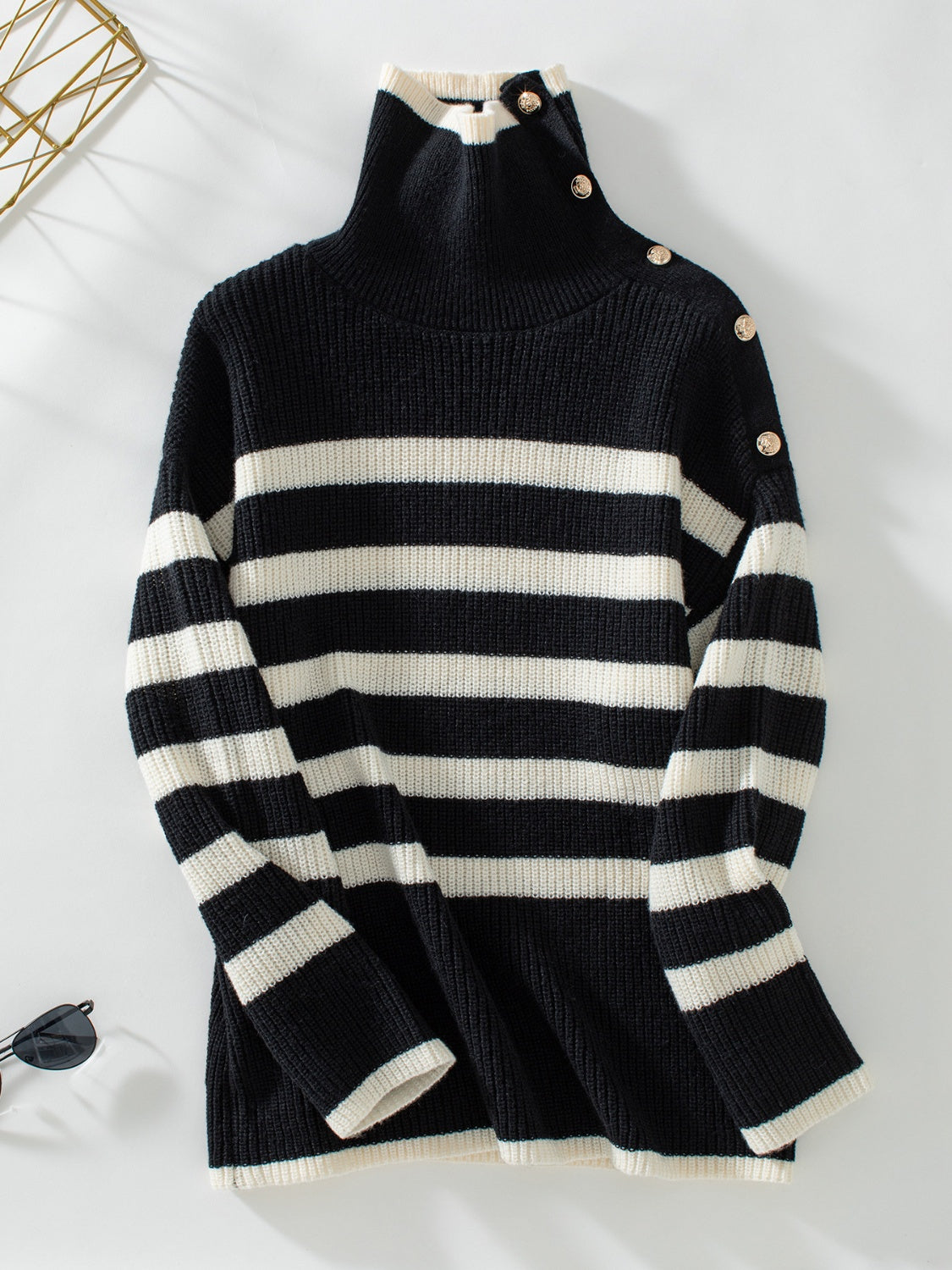 Buttoned Striped Long Sleeve Sweater Orchid Unique 