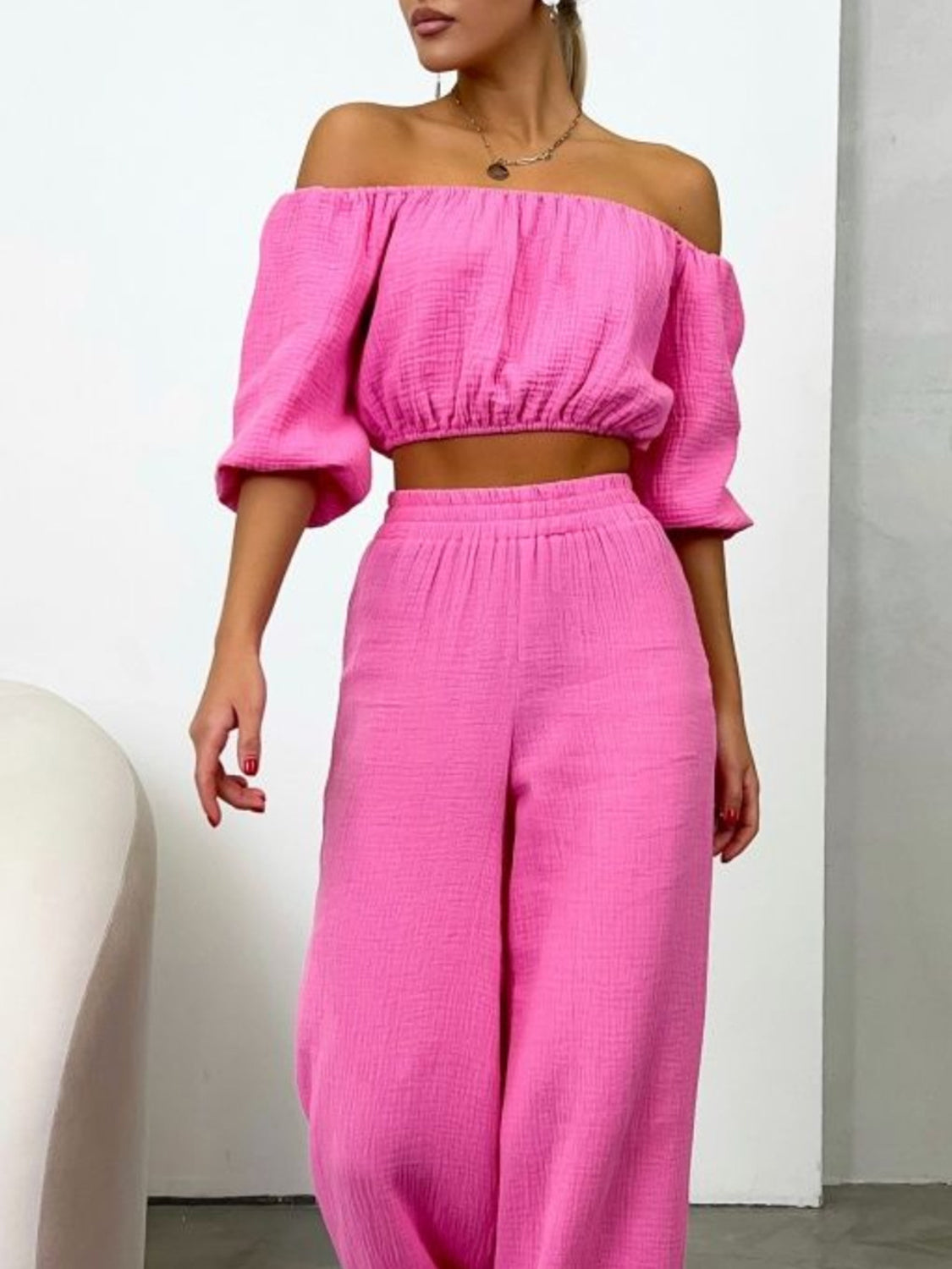 Off Shoulder Long Sleeve Top and Pants Set Orchid Unique 