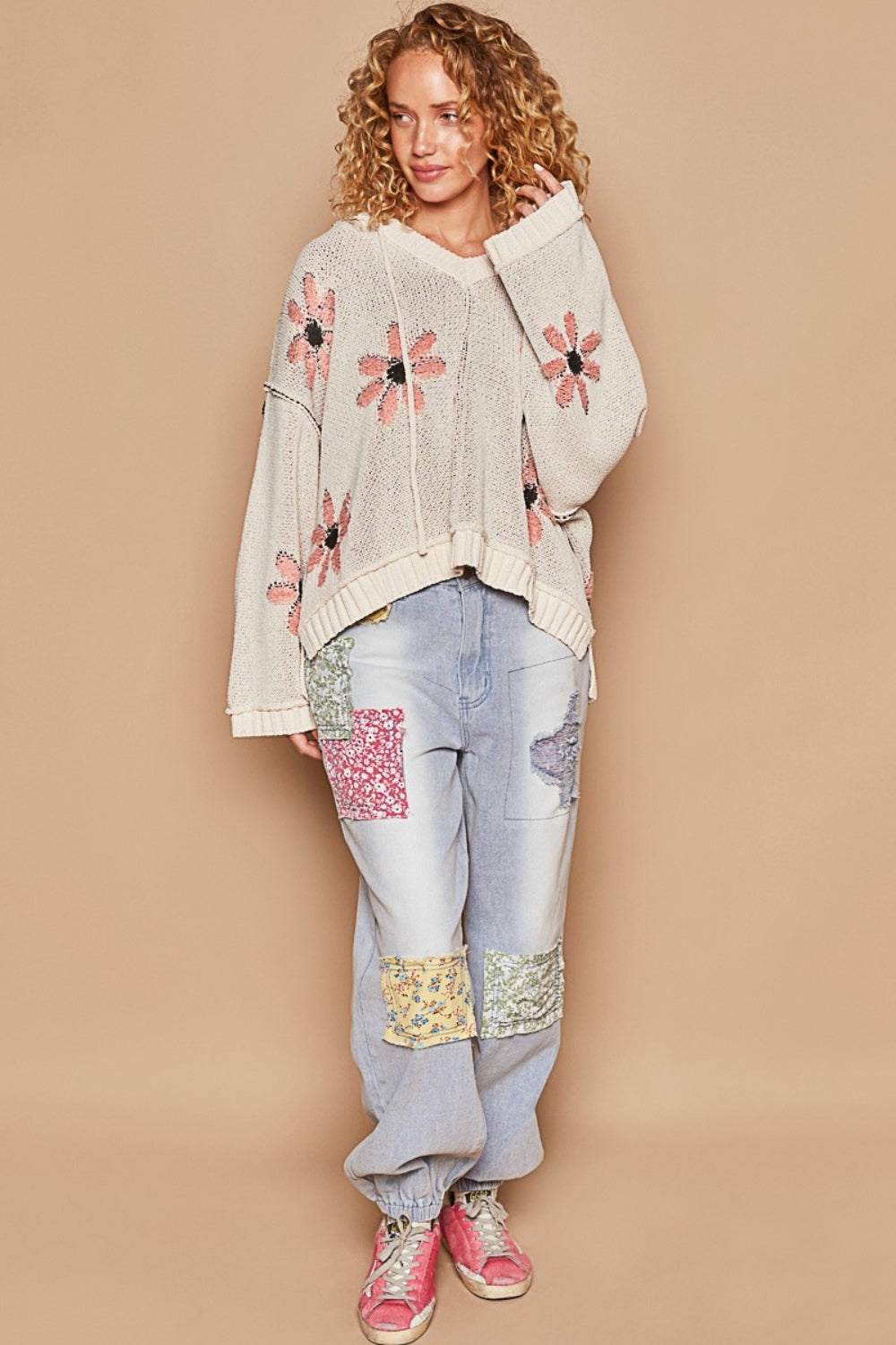 POL Floral Pattern Hooded High-Low Sweater Orchid Unique 