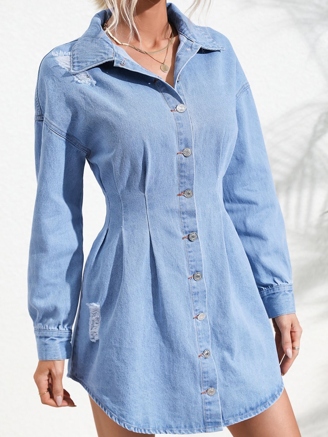 Distressed Button Up Long Sleeve Denim Dress Orchid Unique 