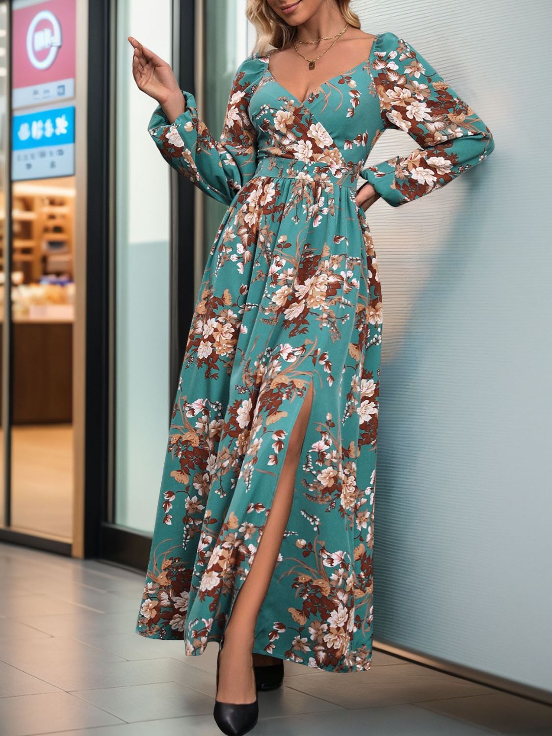 Slit Printed Surplice Long Sleeve Maxi Dress Orchid Unique 